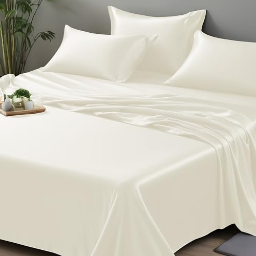 LINENWALAS Organic Vegan Bamboo Flat Sheet Only, Softest, Silky Cool Bamboo Bedding Only Flat Bed Sheet Emperor Size Luxury Flat Sheet Perfect for Skin (126x114 Inches, Ivory/Off-White)