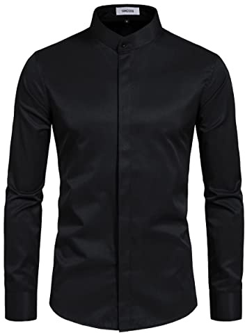 VANCOOG Men's Banded Collar Solid Long Sleeve Button Down Point Collar Work Tuxedo Shirt Camisas De Hombre-Black-M