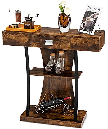 GIANTEX Mesa Consola de 3 Niveles con Cajón, Mesa Auxiliar de Madera de Estilo Industrial, 2 Estantes Abiertos, 91 x 30 x 88 cm, Mueble Recibidor para Salón, Entrada, Pasillo (Marrón Rústico)