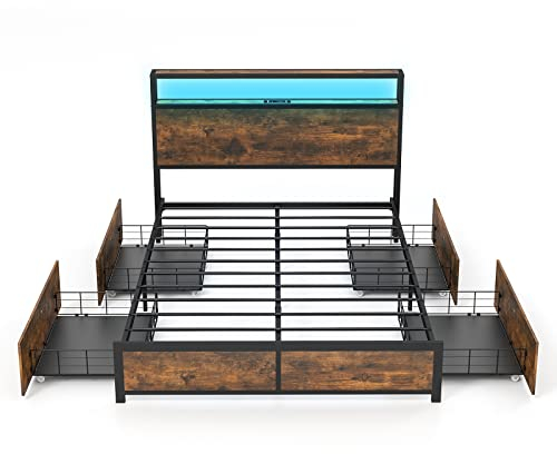 LIFEZEAL Sängbotten 140 x 200 cm, dubbelsäng för vuxna med LED- och Bluetooth-ljus, säng med 4 utdragbara lådor för sovrum, lastkapacitet 500 kg