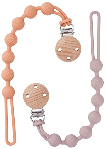 Silicone Dummy Clip for Baby Boys and Girls, One Piece Pacifier Clips, Wooden Soother Clips Design, Fits Most Pacifiers, 2 Pack (Muted+Dusty Lilac)