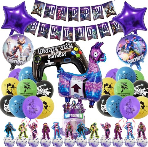 40 PCS Video Game Party Decorations - Happy Birthday Banner, 6 Foil Balloons, 20 Latex Balloons, 13 Cake Toppers for Kids Birthday Theme