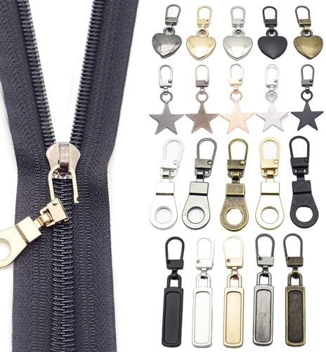 20 Stück Abnehmbare Reißverschluss Zipper Reißverschluss Anhänger Zipper für Reißverschluss, Metall-Reißverschlusszieher für Kleidung Koffer Hosen Koffer Geldbörsen (4 Stile 5 Farben)