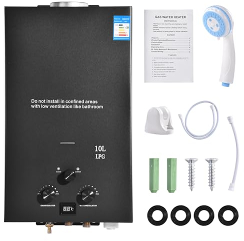 Calentador de Agua de Gas Propano GPL 10L, Calentador de Agua Instantáneo Sin Tanque 20kw con Kit de Ducha, Quemador de Caldera para Acampar, Rv, Casa (Negro)