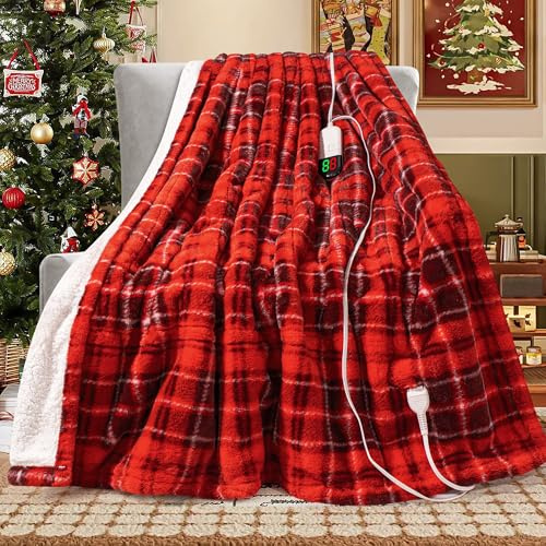 MAXEVE Heated Electric Blanket, 50x60 Faux Fur Fast Heating Throw Blankets with 8 Heating Levels & 8 Hours Auto Off with Over-Heat Protection & ETL Certified, Plaid Red