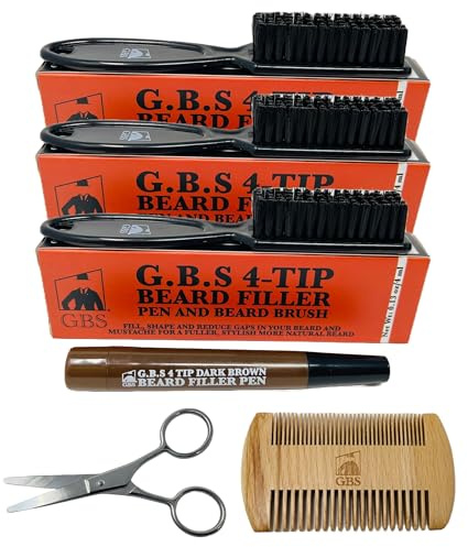 Beard Filler Pencil for Men Waterproof Beard Pen and Beard Brush Long Lasting Natural Look, Mustache Repair Shape, Define and Style Facial Hair Trimming Scissors, Wooden Beard Comb (Brown Pack of 3)