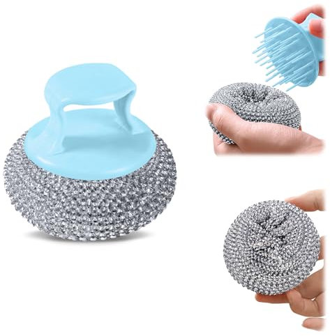 Brosse en laine d'acier avec poignée, laine d'acier, manche en acier inoxydable, tampons en laine d'acier, pour nettoyer la vaisselle, les casseroles, les grilles de barbecue, les éviers, etc.