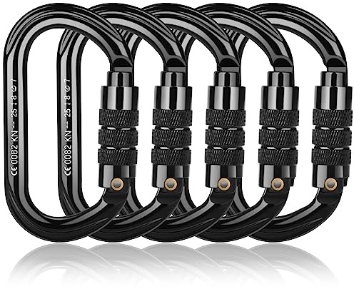 FVW CE Certified Auto Locking Climbing Carabiners, Professional 25KN (5620 lbs) Heavy Duty Caribeaners for Rappelling Swing Rescue & Gym etc, Large D-Shaped Carabiners, 5 Pack