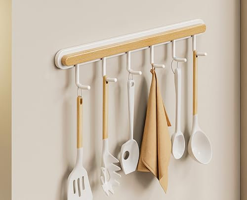 Soporte de madera para utensilios de cocina montado en la pared con 6 ganchos, estante colgante de hierro de madera blanca para cucharas, tabla de cortar, sartenes, organizador de utensilios de cocina