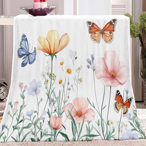 Kuscheldecke Weiß Flanell Fleece Druckdecke Pflanzen Blumen Und Schmetterlinge Muster Warm Decke für Jungen Mädchen Baby Kinder Weiche Sofadecke 180 x 220 cm Tages Wohn Decke