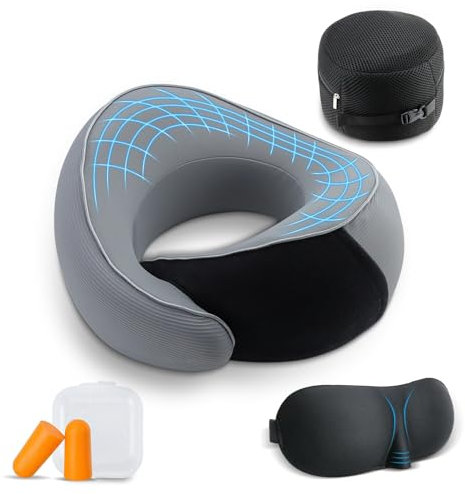 Feelhap Reisekissen,Nackenkissen Flugzeug Reisekissen Memory Foam,Nackenhörnchen Tragbares Flugkissen Nackenstützkissen für Flugzeug,Reise Nackenkissen für Flugzeug mit Augenmaske und Ohrstöpsel(Grau)