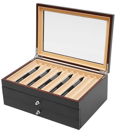 SUONTY Caja de lujo para bolígrafos con vitrina, espacio para 34 instrumentos de escritura, caja para pluma estilográfica con 2 cajones, organizador de cajas de almacenamiento de madera (negro)