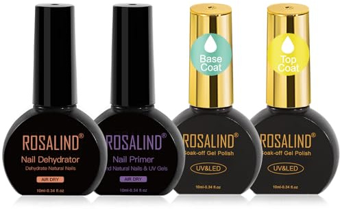 ROSALIND Base Top Coat Esmalte Semipermanent con Nail Primer y Deshidratador, 4PCS 10ML Base Superior Capa Pintauñas Semipermanentes Soak-Off UV LED Nail Art Manucura Set