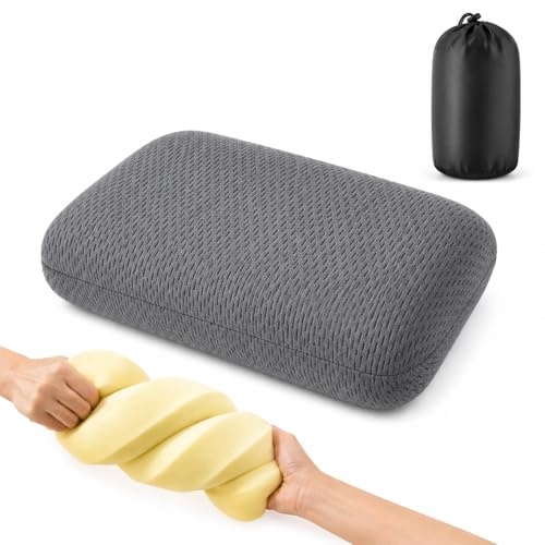 Travel Pillow Memory Foam Pillows, Camping Pillow – Lightweight Compact with Removable Washable Cover, Easy to Clean, Ergonomic Neck Support, Carry Bag for Travel, Car, Airplane, Office – 1 Pack