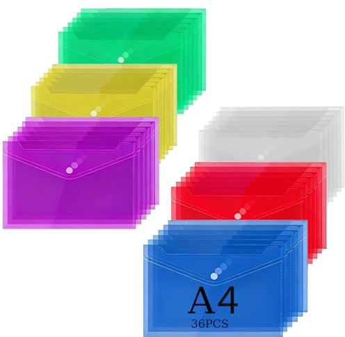 Ajxwde 36 Piezas Carpeta Plastico A4, Carpeta Transparente Colorida, con Botón Carpeta para Documentos Plástico, Sobres Plastico para Archivador, Ideal para Oficina, Escuela y Hogar