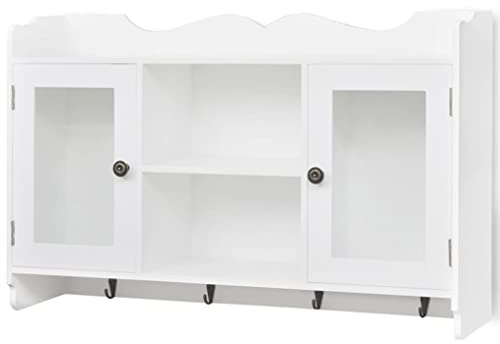 fsahslih Vitrina colgante blanca de pared de MDF para pasillo y baño, con 2 puertas de cristal y 4 ganchos, estilo rústico, 68 x 17 x 44 cm