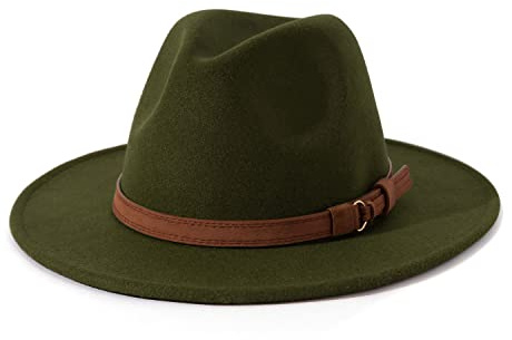 Lisianthus Men & Women Vintage Wide Brim Fedora Hat with Belt Buckle A-Olive 56-58cm