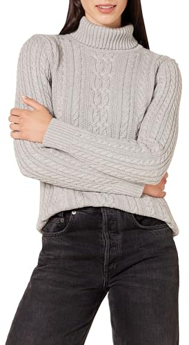 Amazon Essentials Women's Long Sleeve Fisherman Cable Knit Turtleneck Sweater (Available in Plus Size), Light Grey Heather, Small