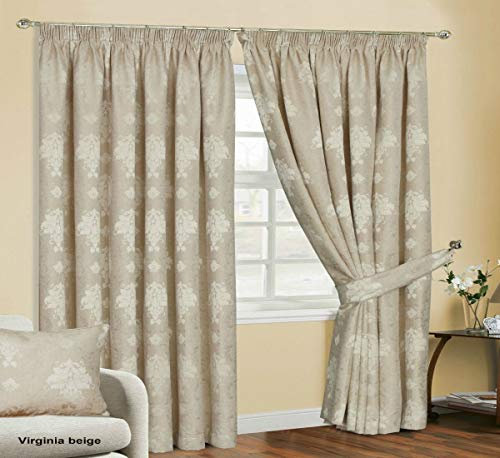 Householdfurnishing Redy Made Luxury Jacquard Fully Lined Curtain Pair Pencil Pleat With Free Tie Backs (Beige Curtain, 66 x L 72)