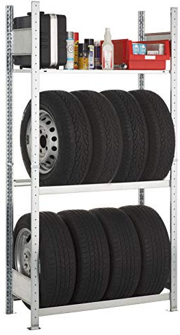 SCHULTE Lagertechnik Garagenregal-Set 1800x1000x400 mm (HxBxT), Stecksystem mit 2 Reifenregal-Ebenen und 1 Fachboden, verzinkt