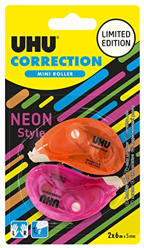UHU Mini Neon Correction Roller - Fast Clean and Accurate Correction Tape White Pack 2 6m x 5mm