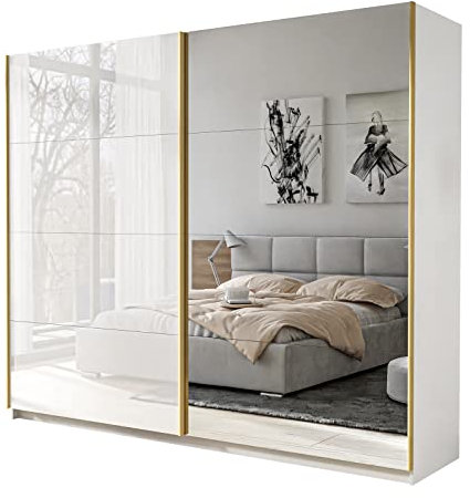 lukmebel Kleiderschrank Aura - Kleiderstange Schrank - Schwebetürenschrank mit Spiegel 194x62x215 cm Schrank Weiß Glanz - Schlafzimmer Möbel - Aluminiumgriffe - Mehrzweckschrank - Flurgarderobe