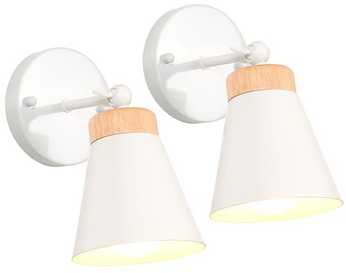 iDEGU 2 Pcs Apliques Pared Interior LED Lámparas de Pared para Dormitorio E27 Iluminación de Madera con Rotación de 180° Mordern Lámpara de Techo Luz de Pared para Pasillo Salon Sala de Estar (Blanco)