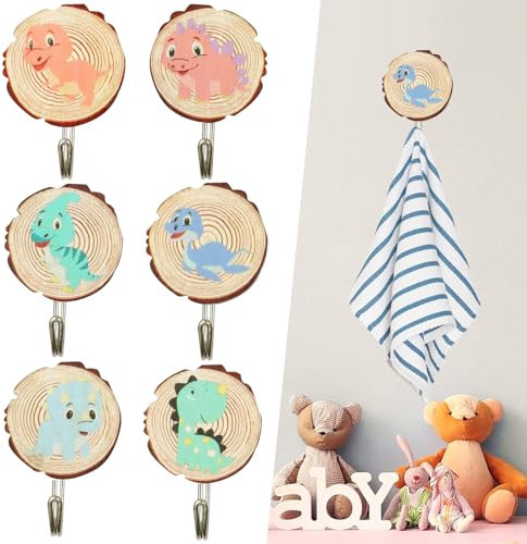 DAZZTIME Kleiderhaken Kinder,6 Stück Kindergarderobe,Kleiderhaken für Kinder in Tierform,Selbstklebender Haken Aus Holz,Kindergarderobe Haken,für Bad Toilette Küche Handtücher Mützen.