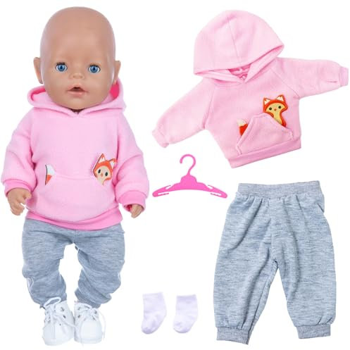 Xerteam 4 Teilig Puppenkleidung, Nettes Kleidung für 35-43cm Puppen Junge und Mädchen, Puppenzubehör Fuchsmuster Rosa Hoodie Grau Herbst Hosen Socken Aufhänger, Geschenk für Kinder