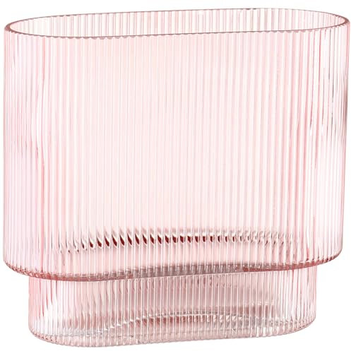 KAYLETIN Vaso a coste per fiori, vasi in vetro rosa per tulipani, vaso di fiori moderno, vasi in vetro scanalato per compleanno, matrimonio, inaugurazione della casa, anniversario, fidanzamento, 18 cm