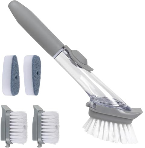 XoeLLe Diskborste med diskmedelsdispenser, rengöringsborste med reservhuvuden, köksborste, diskborste, borste med diskmedel, köksborste för kruka, porslin, diskbänk (2 penslar/2 svampar)