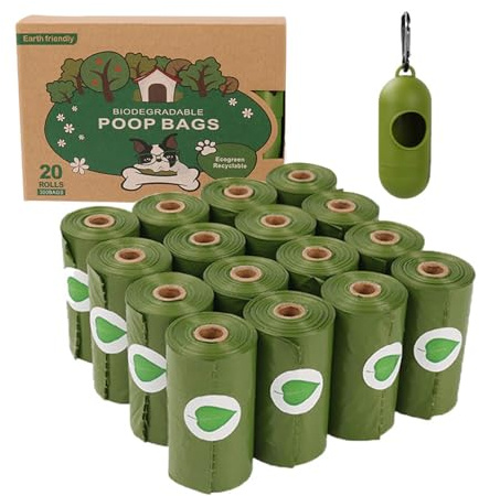 ORAGKE Bolsas Caca Perro 300 Unidades con Dispensador, Bolsas Perro Caca Extra Gruesas y a Prueba de Fugas, Bolsa para Excrementos de Mascotas, Aroma a Lavanda (23x33 cm, 20 Rollos, Verde)