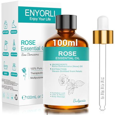 ENYORLI Olio Essenziale di Rosa 100ml Naturale Aromaterapia, Cura della Pelle e dei Capelli, Diffusori, DIY