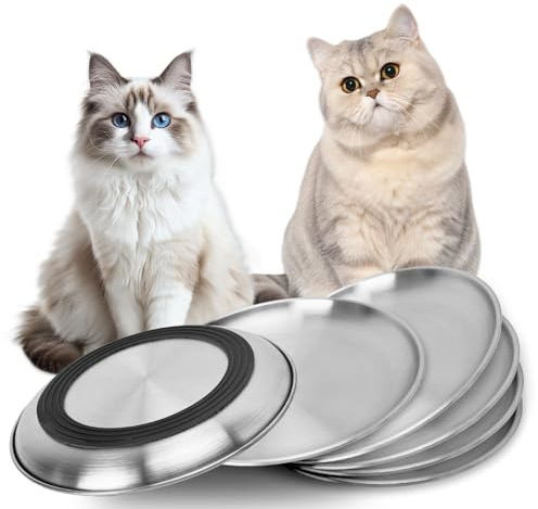 ELISABE Stainless Steel Cat Bowl, 6.7 Shallow Cat Dishes with Non-Slip Base, Whisker Fatigue Metal Kitten Plates for Indoor Food Feeding(6 PCS)