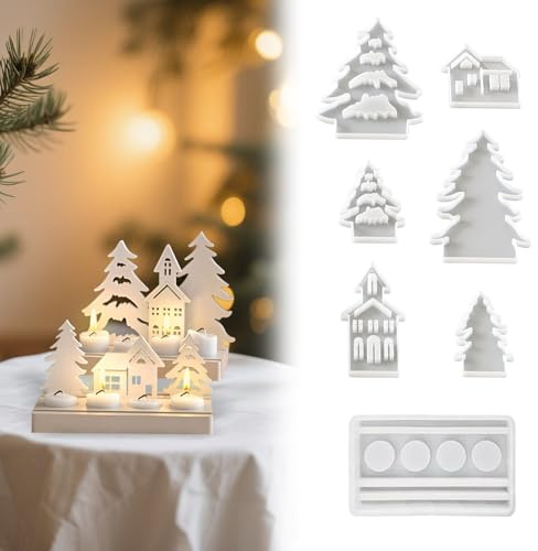 7 Pieces Moldes de Silicona para Casas Navideñas, Portavelas Árbol Navidad Moldes, Molde de Fundición de Navidad, Molde de Silicona para Velas Decorativas Navideñas (B)