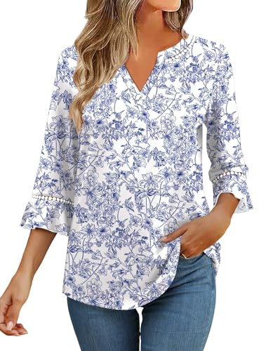 Kistore 3/4 Sleeve Tops for Women UK Summer Casual V-Neck Shirts Floral M