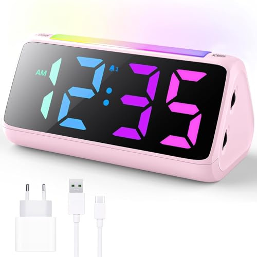 Sveglia digitale, sveglia digitale per bambini con luce, display LED colorato, dimmer di luminosità 0-100%, 2 allarmi, snooze, 3 volumi, porta di ricarica USB, sveglia per bambini per camera da letto