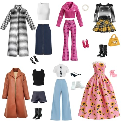 Ensemble de 21 pièces pour poupées de 29 cm Trench-Coat Pied-de-Poule Veste et Short en Cuir Marron Robe Style années 2000 Robe Bustier Tournesol. Un Cadeau Mode idéal pour Les Petites Filles