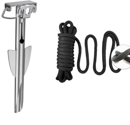 Ancla de acero inoxidable para embarcaciones de pesca en kayak en orillas de arena o fondos suaves de orillas de río (ancla+cuerda de nailon)