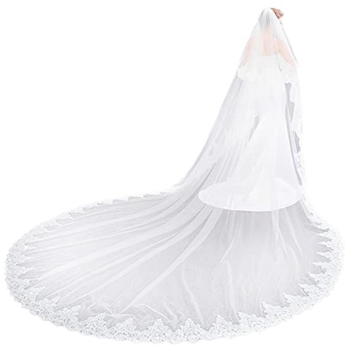 EllieHouse Damen 2-stöckiger Kathedral-Brautschleier mit Kamm, Weiß, 1. Ebene 3,5 M/138 inch, 2. Ebene 80 cm/31 inch