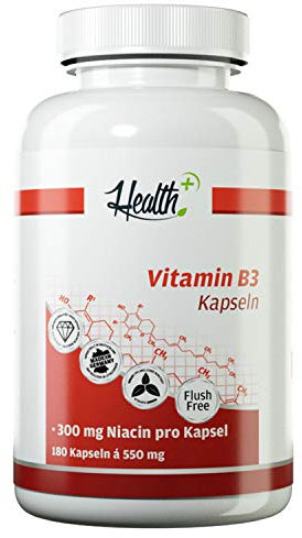 Health+ Vitamin B3 - 180 Kapseln mit 300 mg Niacin pro Kapsel, hochdosierte B3 Vitamin Kapseln in Flush-Free Form, Made in Germany