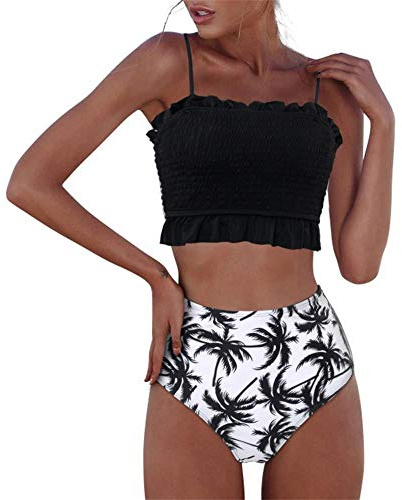 RXRXCOCO Womens Shirred Bandeau Bikini Cute Two Piece Swimsuit Off Shoulder High Waist Bathing Suit Black-2 Medium
