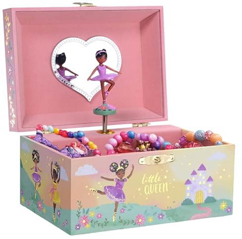 Jewelkeeper Girl's Musical Jewellery Storage Box with Black Ballerina, Little Queen Design, Swan Lake Tune
