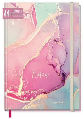 paper&you® Notizbuch liniert A4+ mit Gummiband Silky Pink 156 Seiten, 78 Blatt - liniertes Notebook, Bullet Journal, Skizzenbuch, Tagebuch - nachhaltig & klimafreundlich