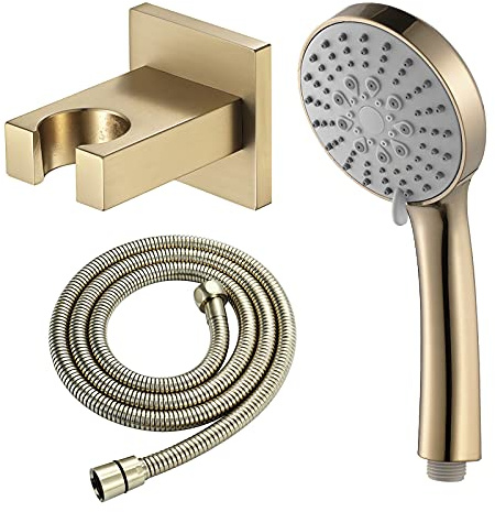 SHUGUANG Duschkopf Gebürstetes Gold Hochdruck Handbrause mit 5 Strahlarten ABS Wassersparend Brausekopf Antikalk Duschbrause Set mit 1.5M Edelstahl Schlauch und Messing Halterung, G1/2