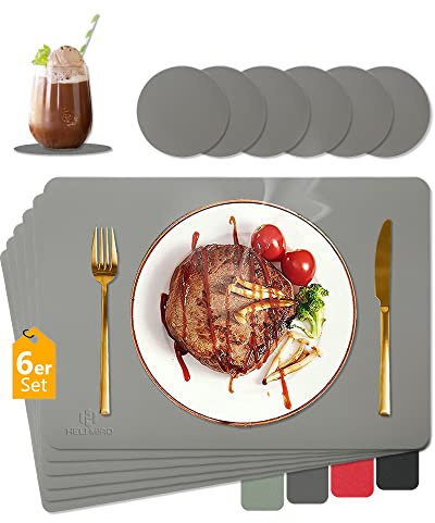 HELI MIAO Tischsets Abwaschbar,Platzsets Abwischbar,Hitzebeständig 6er Set Tischset Leder mit Untersetzer,Platzdecken,Platzdeckchen Wasserdicht Tischset für Hause Küche Restaurant und Hotel,Hellgrau