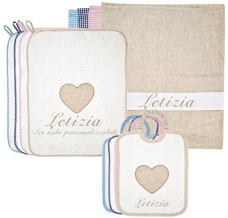 Coccole - Set Asilo Nido Personalizzato - Bavaglino, Sacca e Asciugamano - Kit 3pz per Bimbo/Bimba con Tema Cuore Ècru - in Cotone 100% Made in Italy