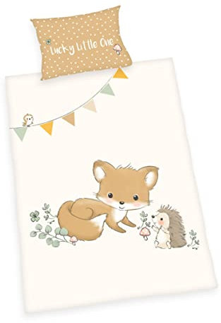 Herding Waldfreunde Bettwäsche-Set, Made IN Green by Oeko TEX, Kopfkissenbezug ca. 40 x 60 cm, Bettbezug ca. 135 x 100 cm, Mit Knopfverschluss, 100% Baumwolle/Flanell, Weiß/Braun