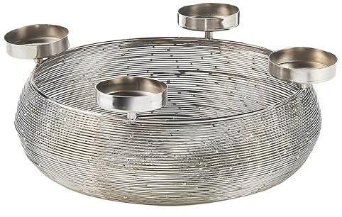 Kobolo Dekokranz Adventskranz aus Metall in Silber mit Schale für 4 Kerzen