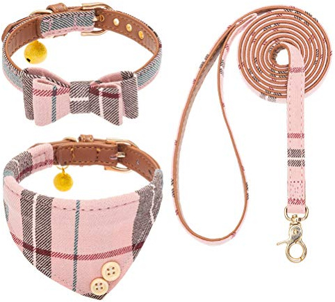 EXPAWLORER Set med hundhalsband och koppel – klassisk pläd hundfluga och bandana halsband med klocka, hund koppel trasselfritt, justerbara halsband för valpar små hundar och katter, idealisk gåva för